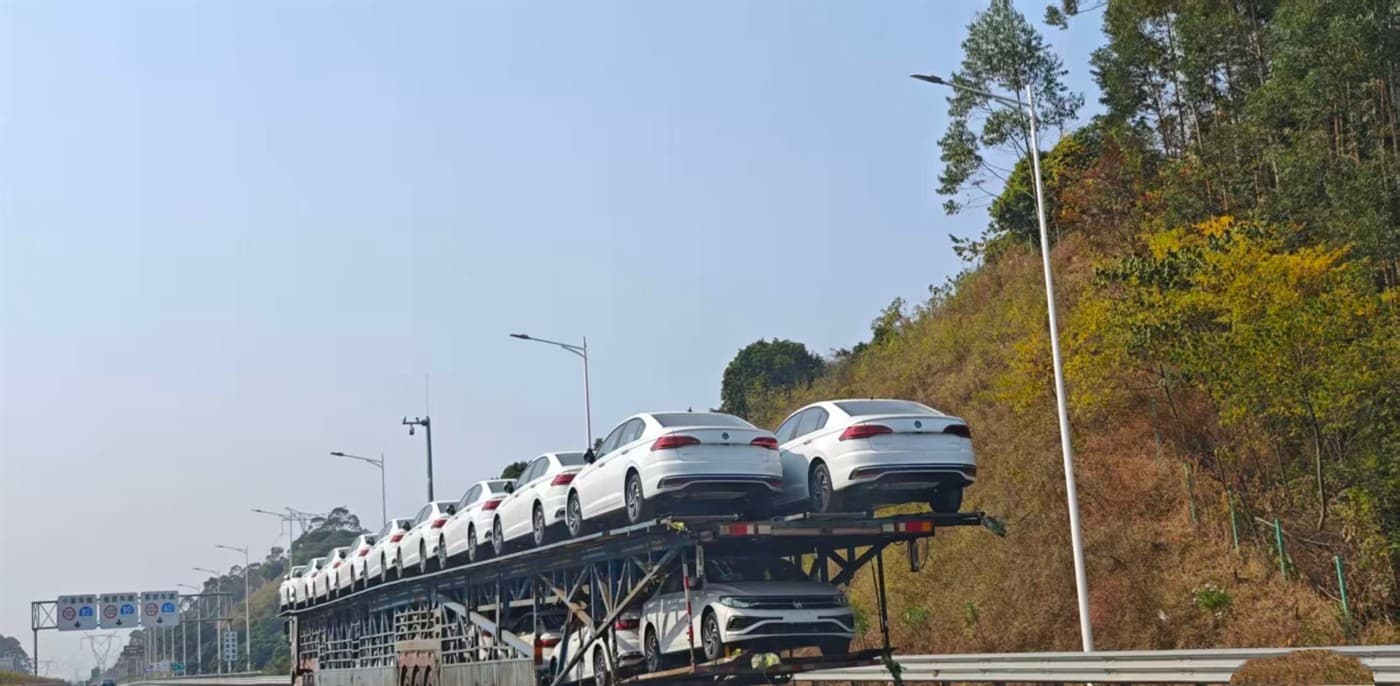 Convoy of car carriers on the road