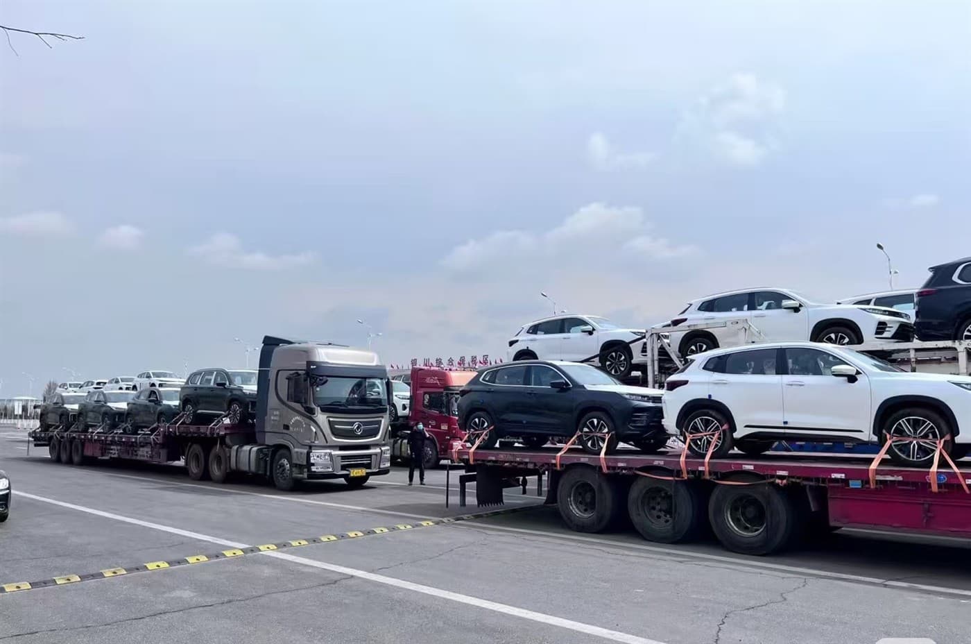 Car carrier trucks in a port yard